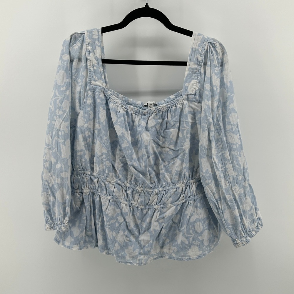 Women's Light Blue Floral Square-Neck Peasant Blouse